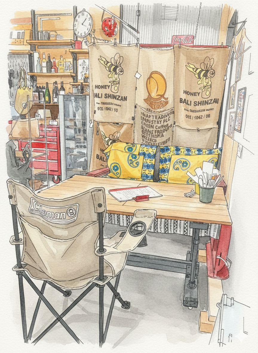 バイクとキャンプギアが並ぶ風景